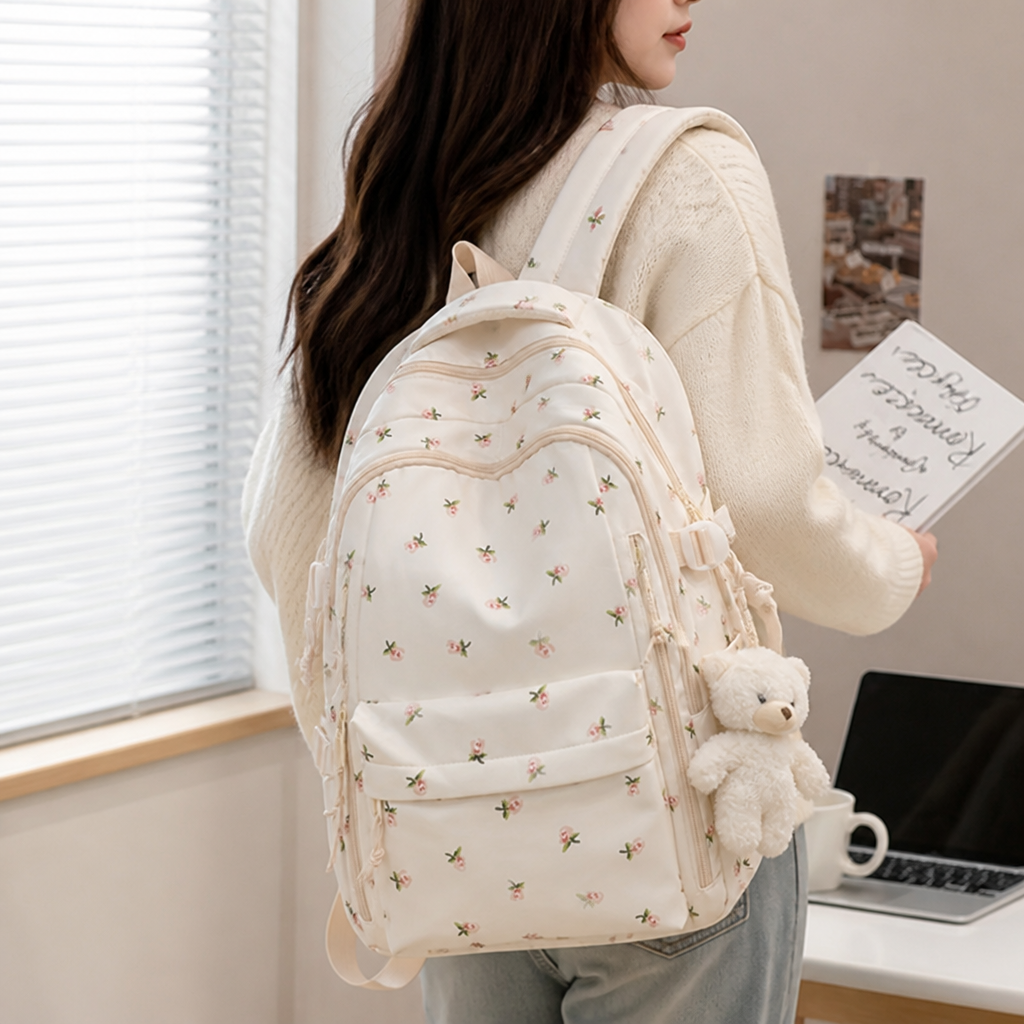 Large Capacity Rose Print Backpack (Teddy Bear Charm)