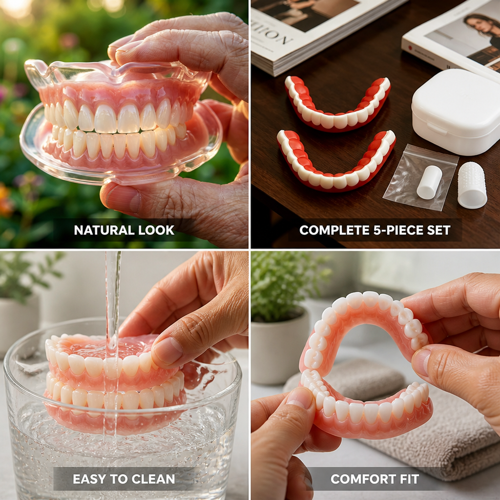 Comfort-Fit Realistic Removable Dentures (5-Piece Set)