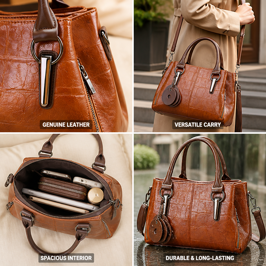 Genuine Leather Embossed Boston Handbag (Removable Strap)