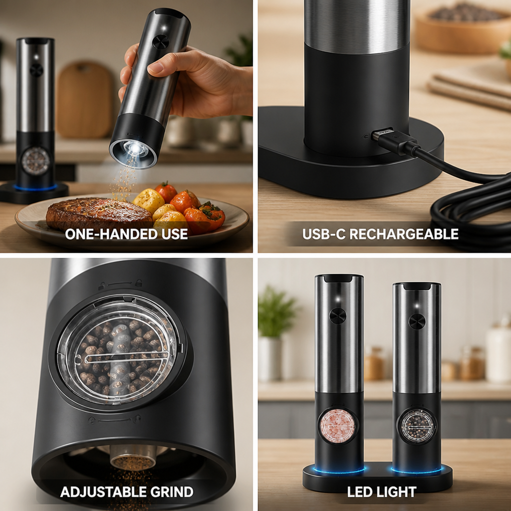 Rechargeable One-Handed Adjustable Grind Salt & Pepper Mill Set