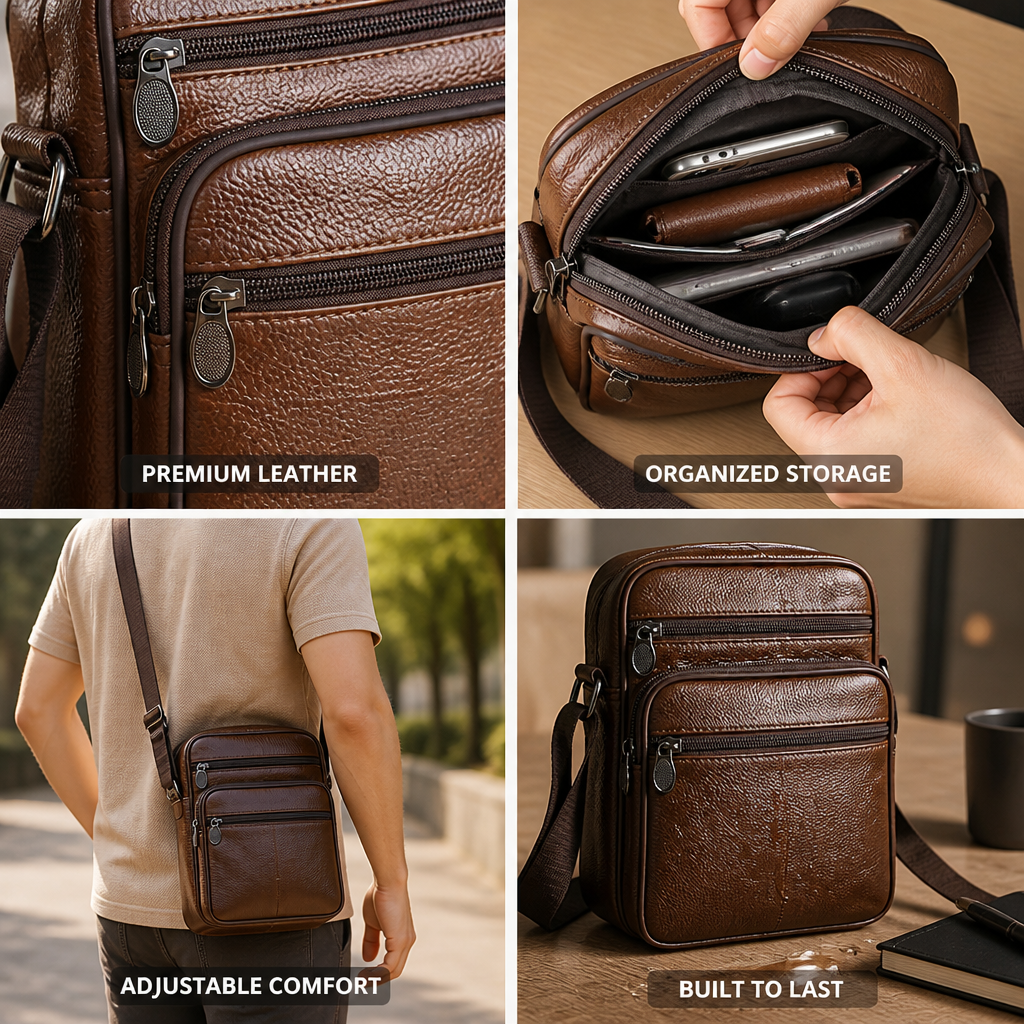 Top-Grain Cowhide Crossbody Bag (Multiple Compartments & Adjustable Strap)