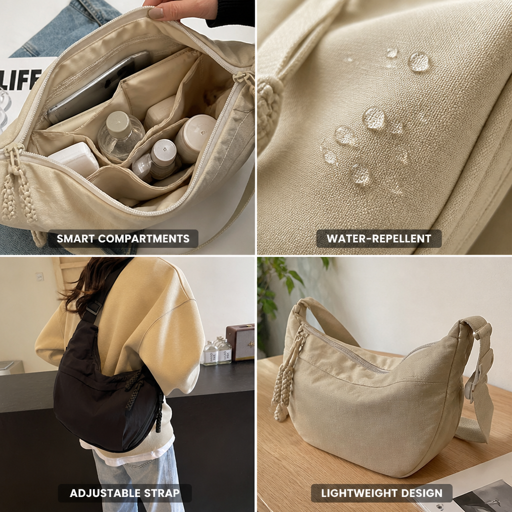 Smart-Compartment Water-Repellent Nylon Shoulder Bag