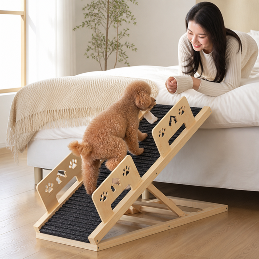 4-Level Adjustable Non-Slip Natural Wood Pet Ramp (For Beds & Sofas)