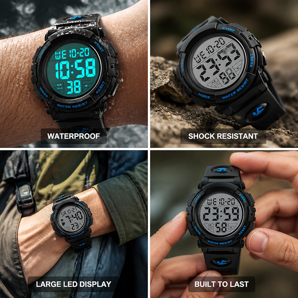 Large LED Waterproof & Shock-Resistant Digital Sports Watch