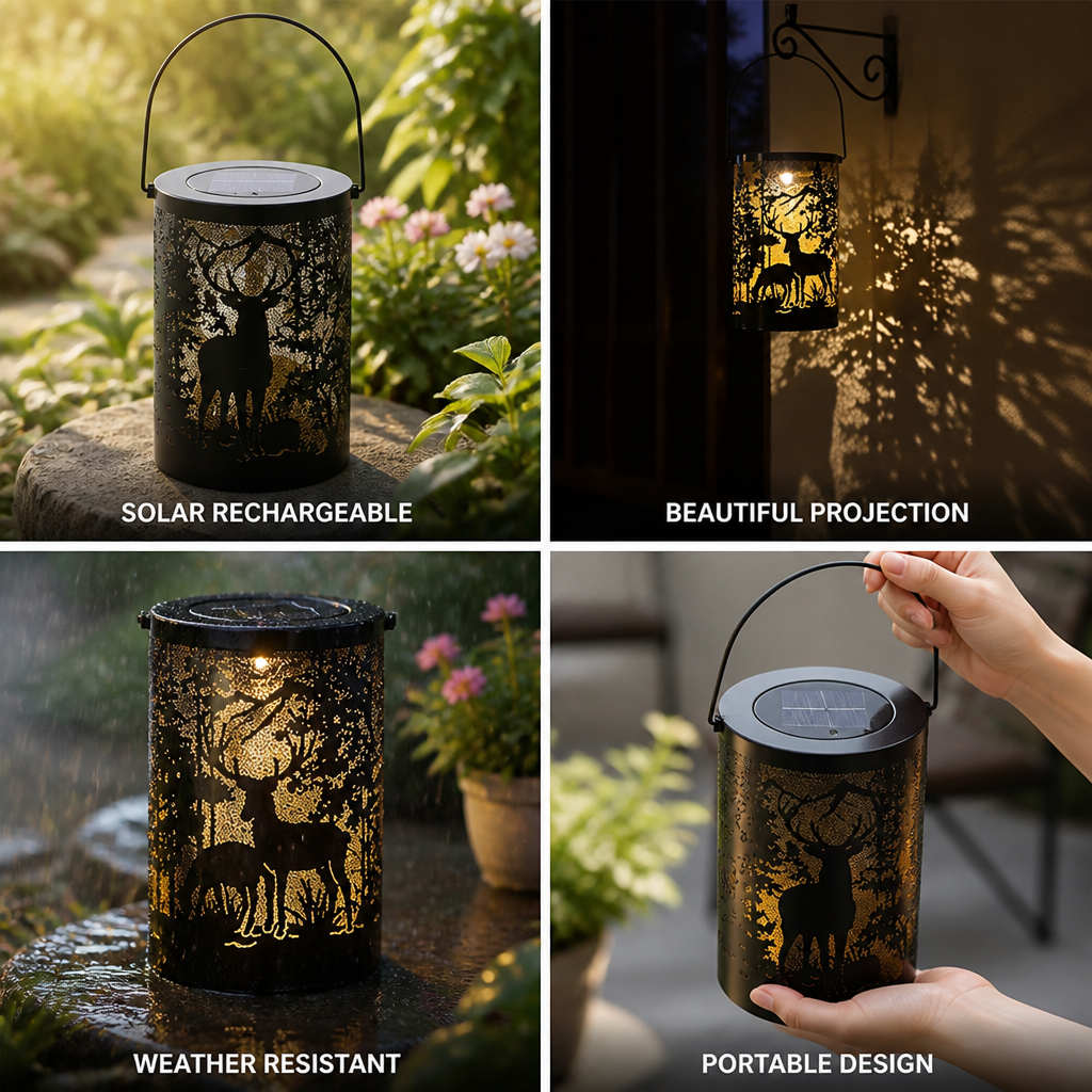 Solar Rechargeable Iron Lantern (Deer Cutout Projection)