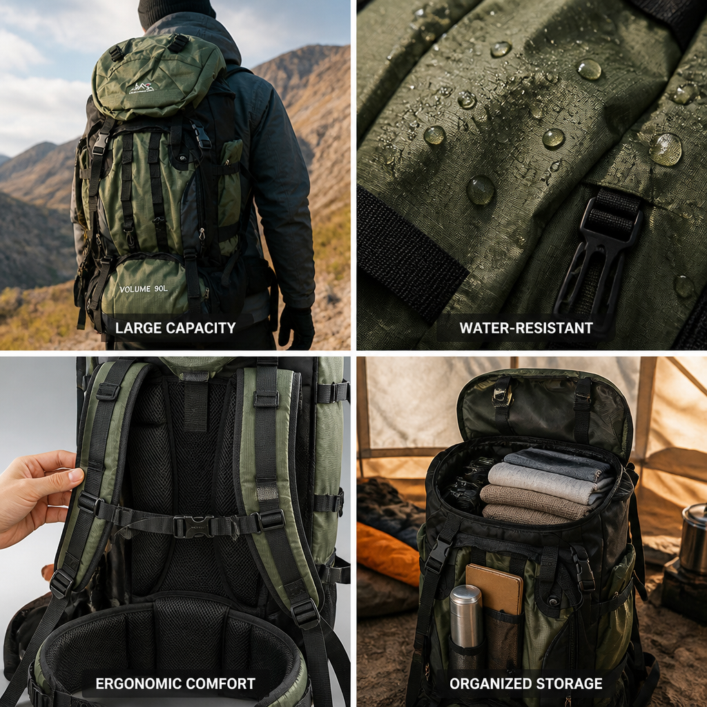 90L Water-Resistant Hiking Backpack (Ergonomic Straps)