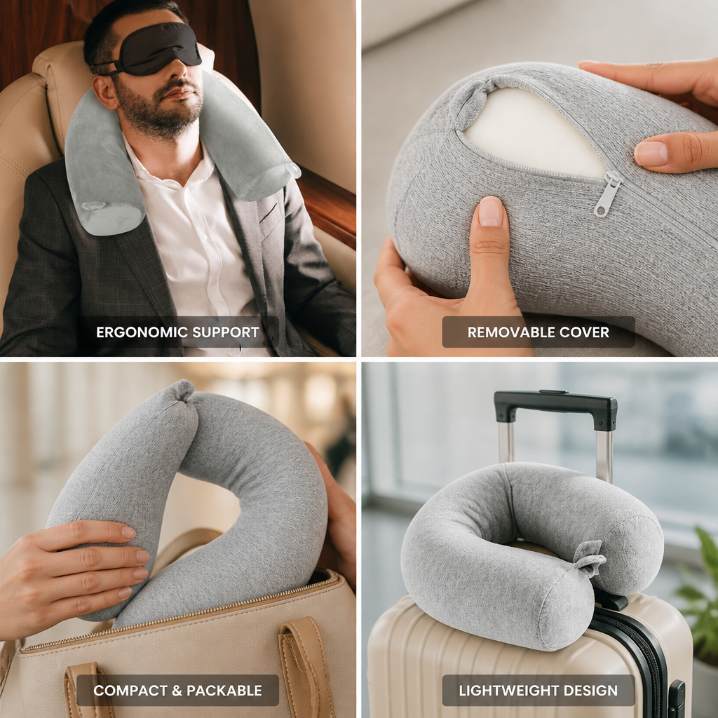 Memory Foam Ergonomic Travel Neck Pillow (Removable Cover)