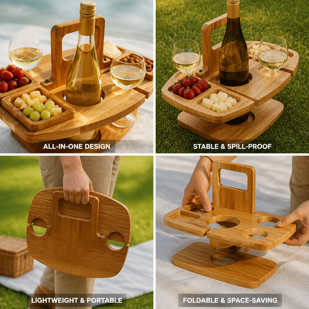 Foldable Acacia Wood Wine Table (With Glass & Snack Holders)