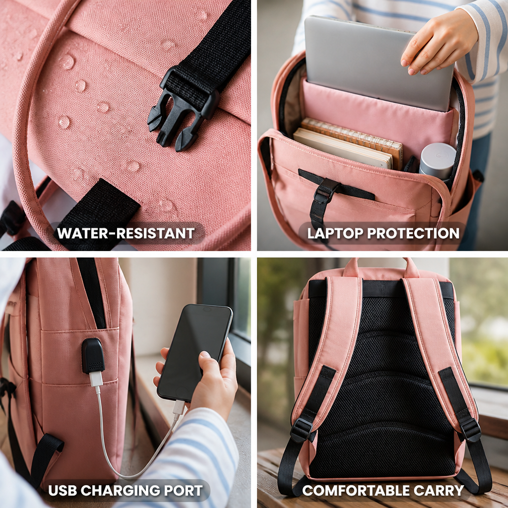 Water-Resistant Padded 15-Inch Laptop Backpack (USB Port)