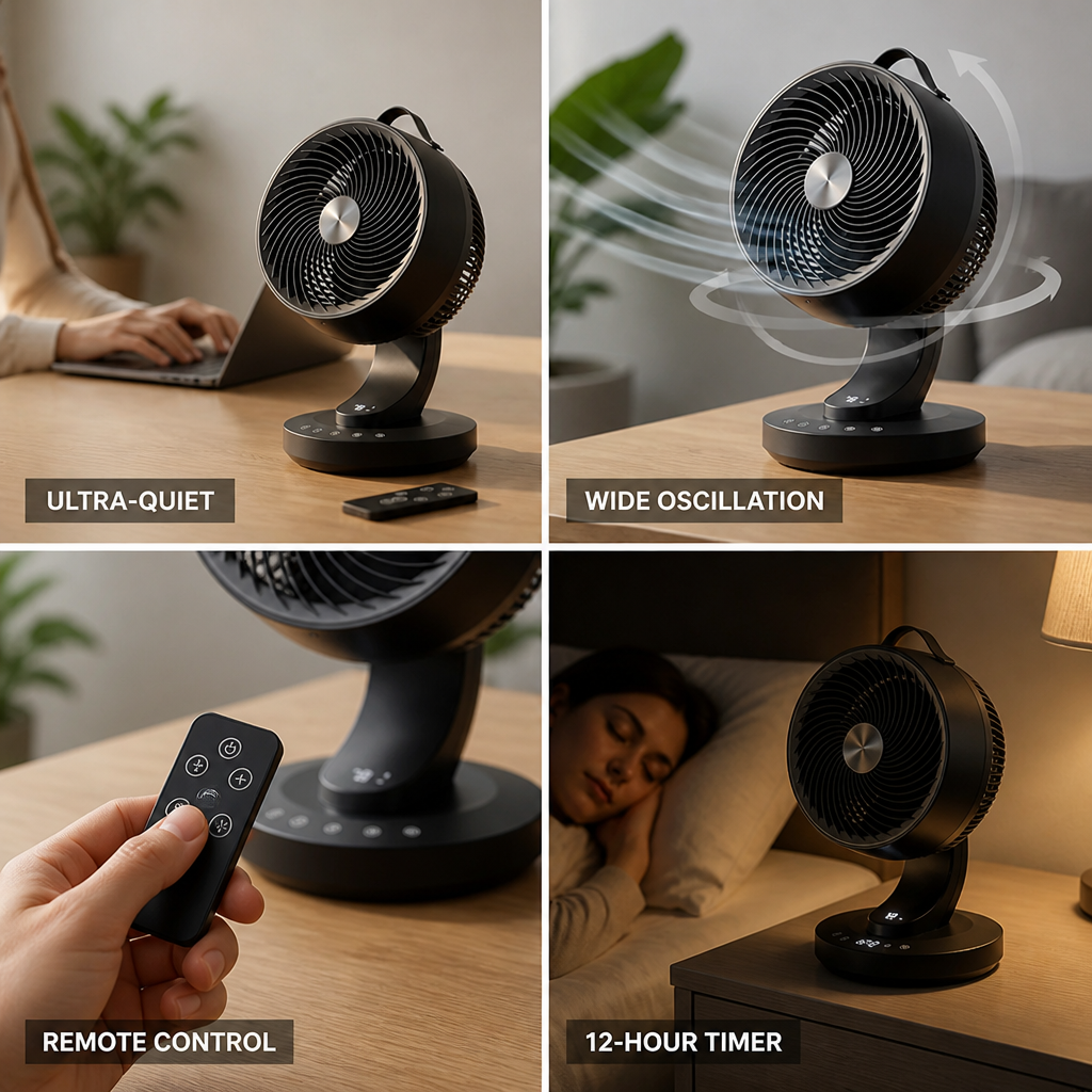 Ultra-Quiet Oscillating Desk Fan (Remote & 12-Hour Timer)