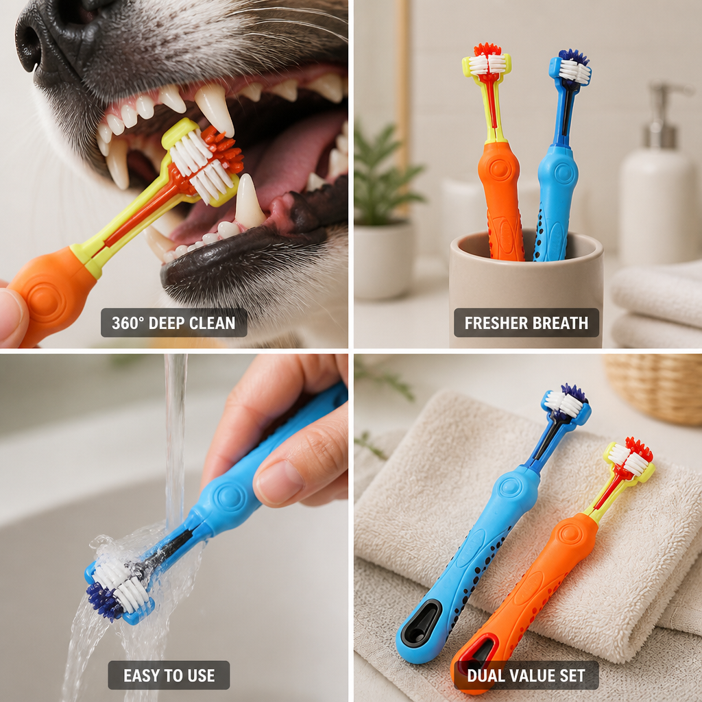 Tri-Sided Tartar-Control Pet Toothbrush (2-Piece Set)