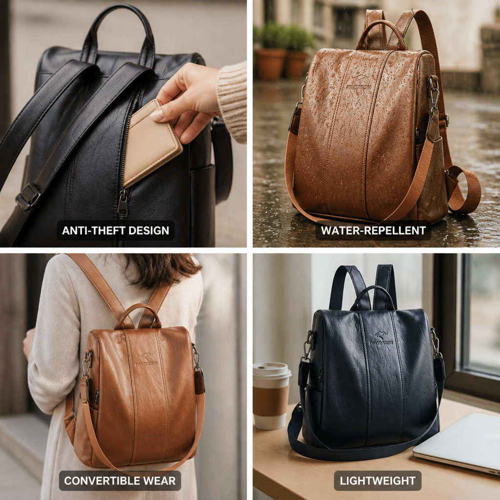 Anti-Theft Rear Zip Water-Repellent Faux Leather Convertible Backpack