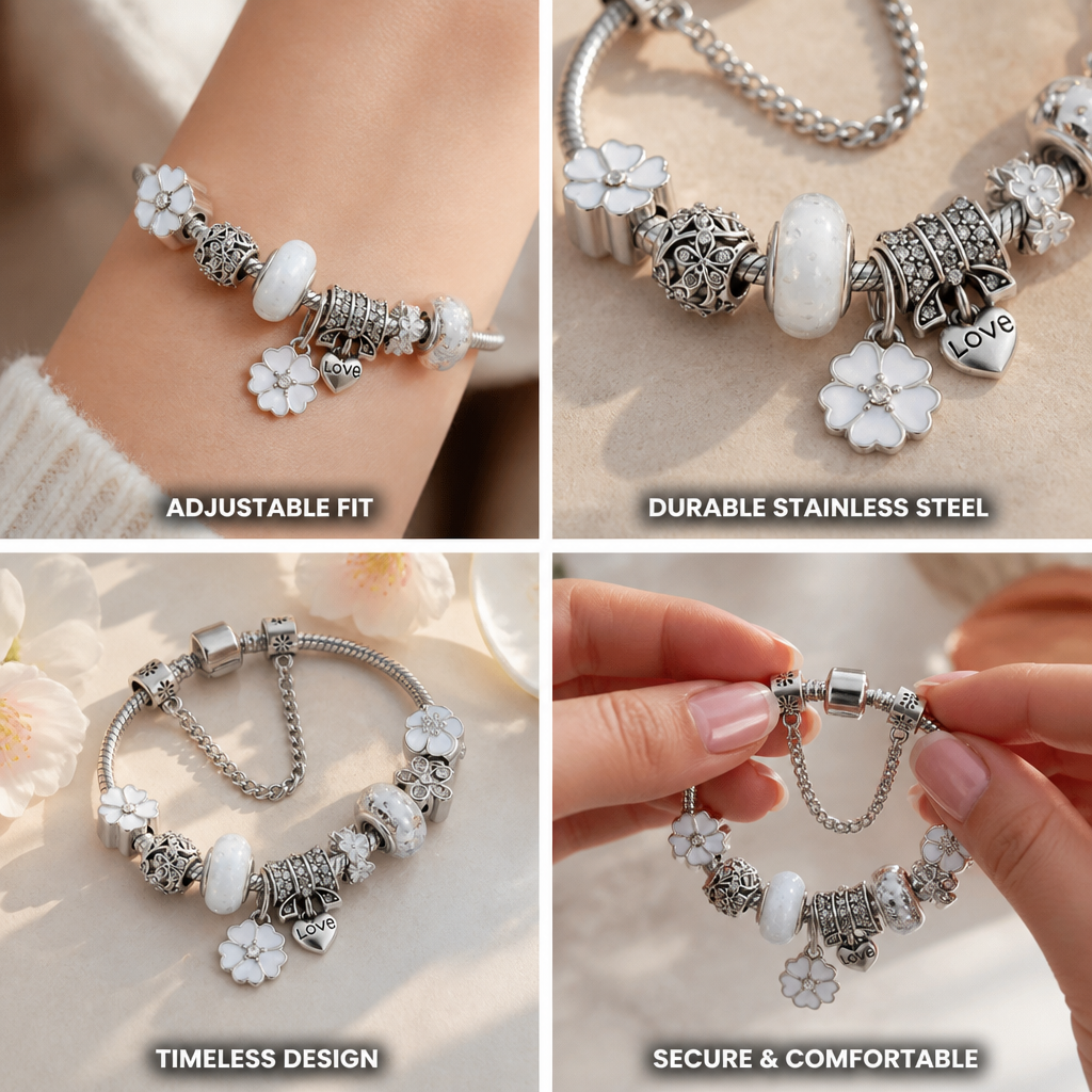 Stainless Steel Adjustable Fit Peach Blossom Charm Bracelet
