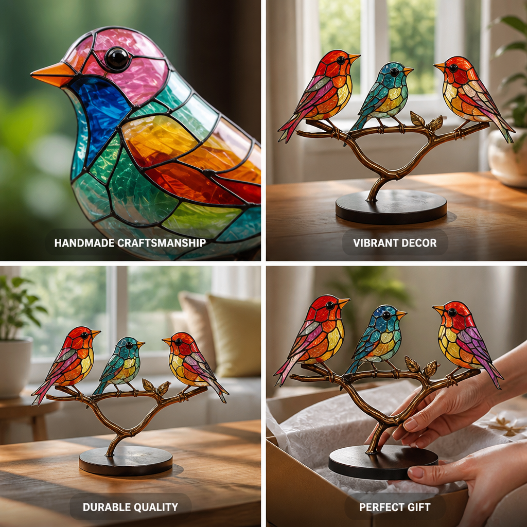 Handmade Colored Glass Bird Figurines (Set of 3 With Display Stand)