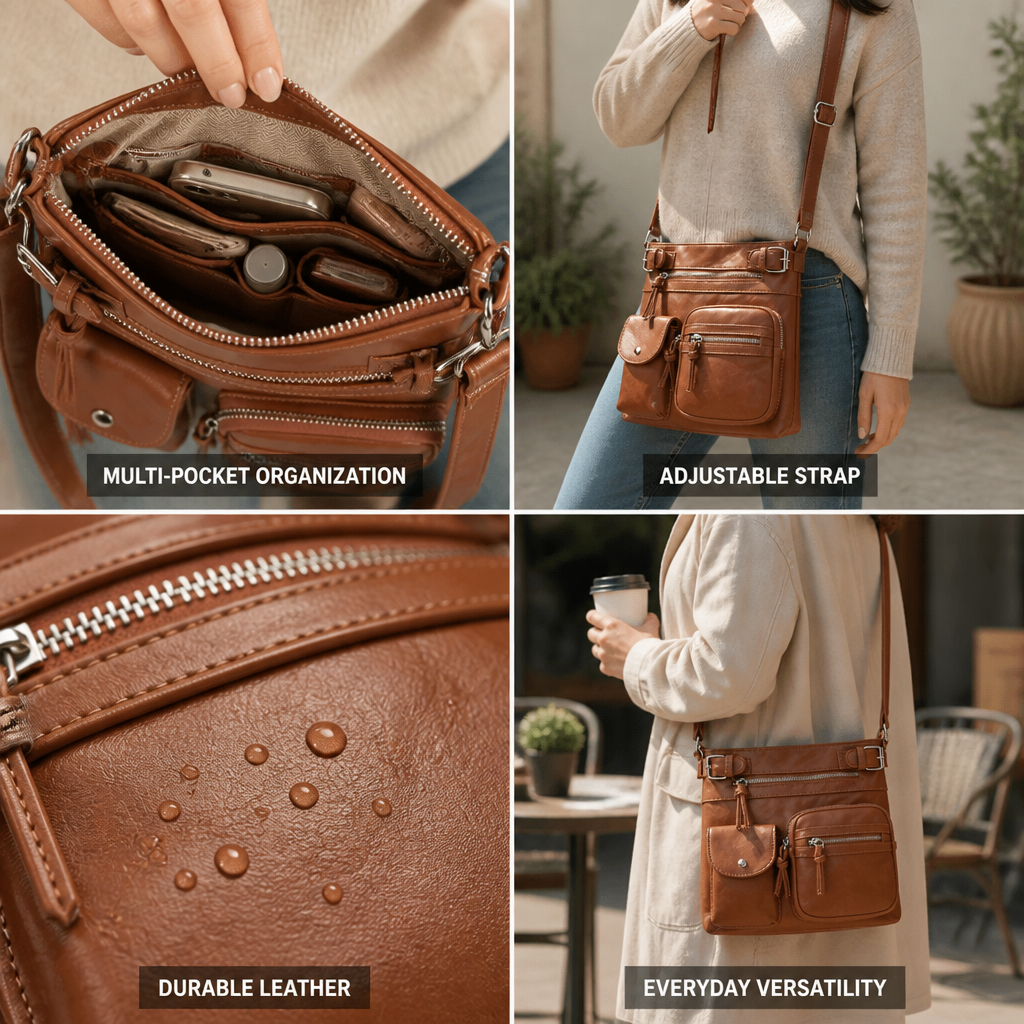Genuine Leather Multi-Pocket Crossbody Bag