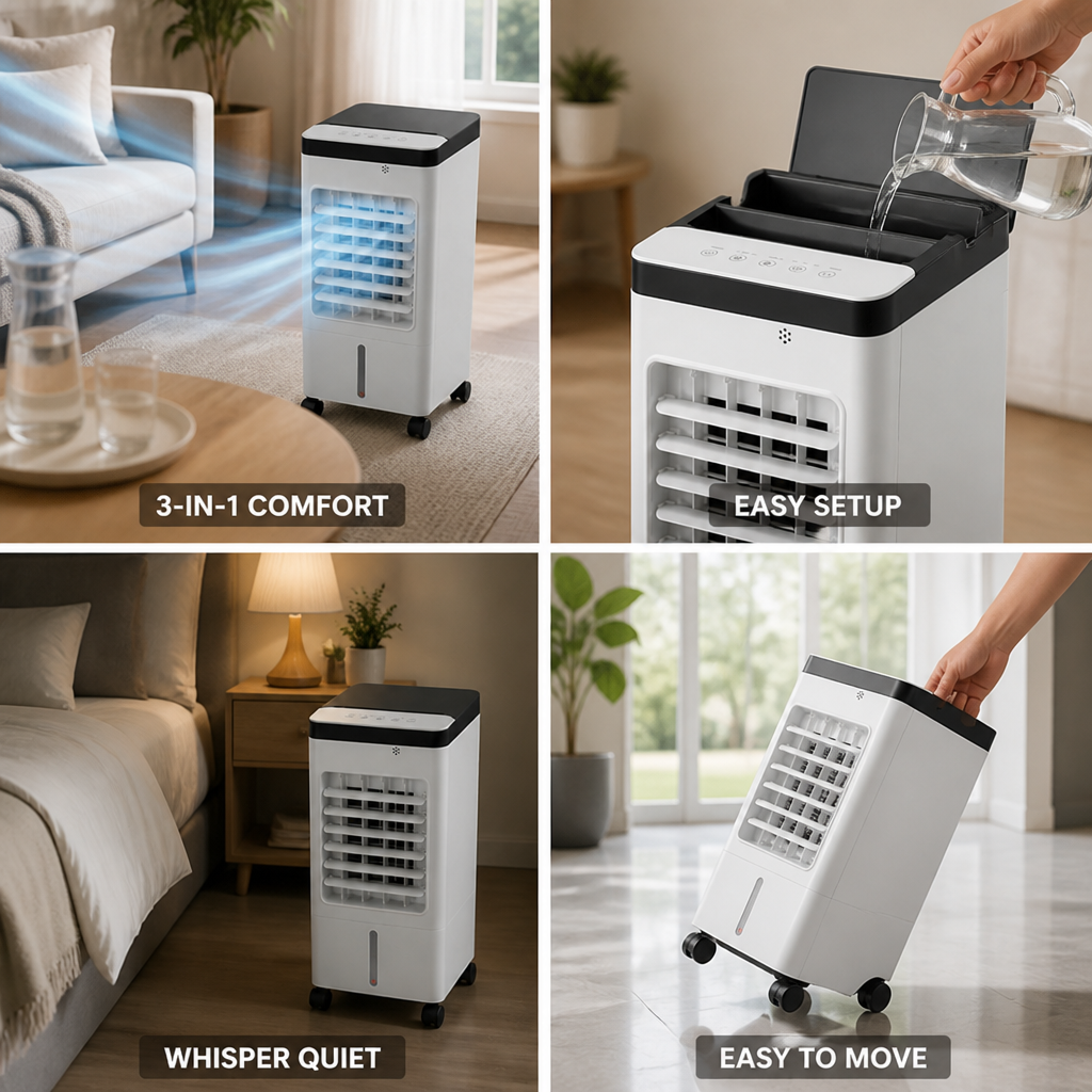Windowless 3-In-1 Portable Evaporative Cooler (Remote & 12-Hour Timer)