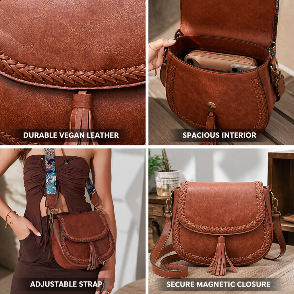 Vegan Leather Tassel Saddle Bag (Adjustable Strap)