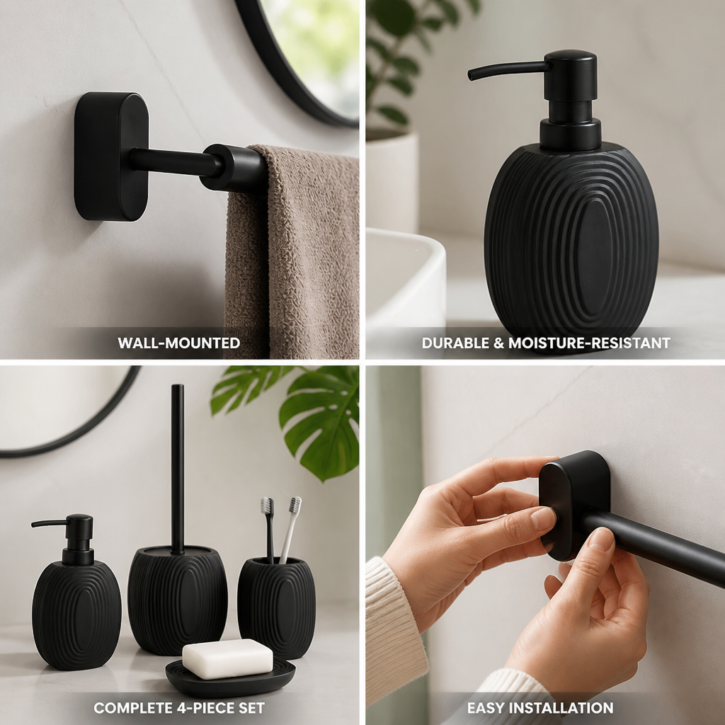 Black Ribbed Stainless Steel Wall-Mount Bathroom Set (4-Piece)