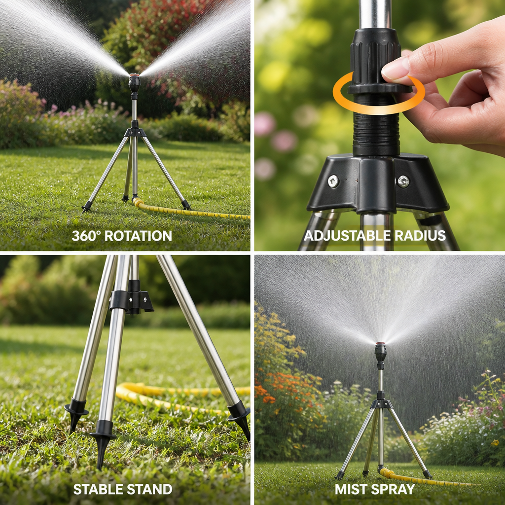 Adjustable 360° Rotating Garden Sprinkler (Stainless Steel Tripod)