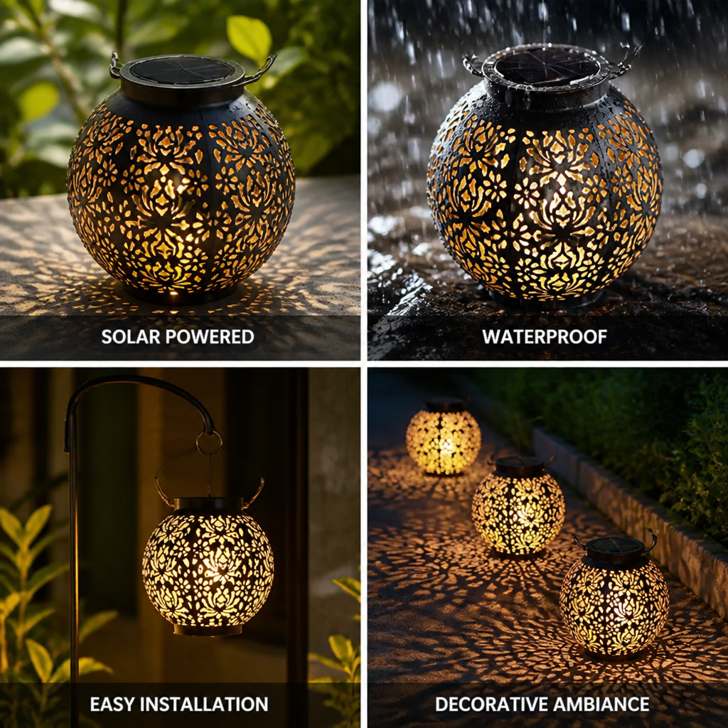 Solar-Powered Waterproof Wrought Iron Garden Pendant Light