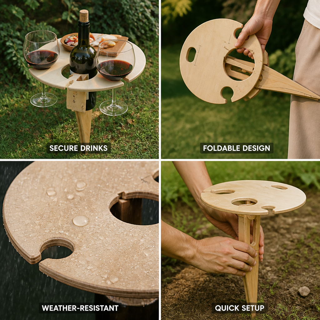 Foldable Birch Wood Picnic Table With Integrated Wine Holder