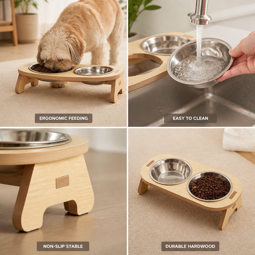 Elevated Hardwood Double Pet Bowl (Removable Stainless Steel Bowls)