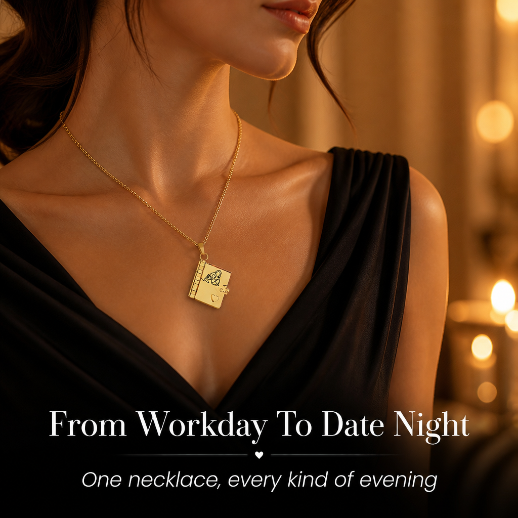 AmorieLuxe™ – Engraved Book Locket Necklace with Heart Cutout & Hidden Pages