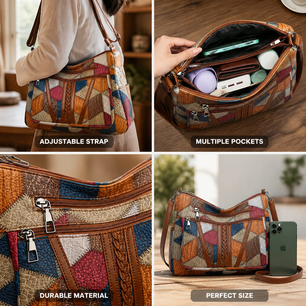Patchwork Multi-Pocket Shoulder Bag (Adjustable Strap)