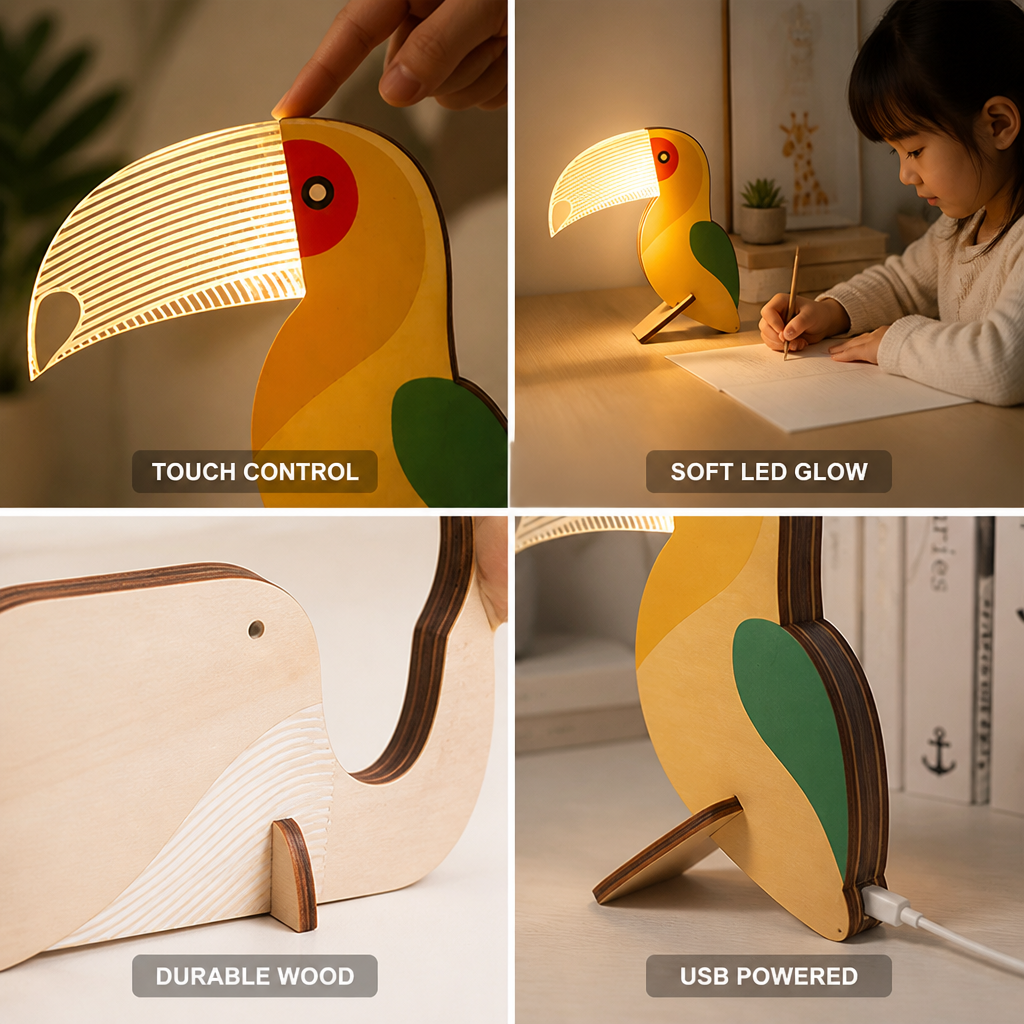 Touch-Operated Soft LED Wooden Animal Table Lamp (USB-Powered)