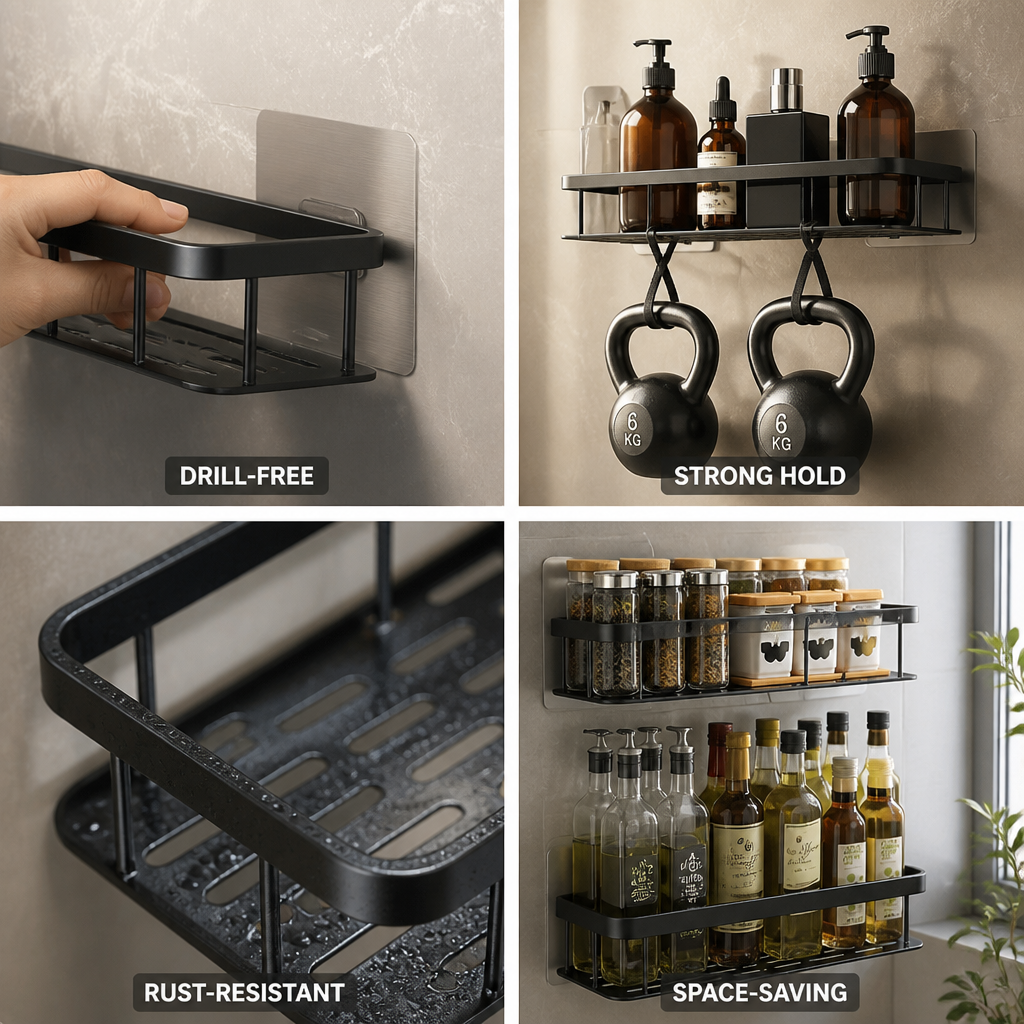 Self-Adhesive Drill-Free Stainless Steel Bathroom Wall Shelf (Holds 11 lb)