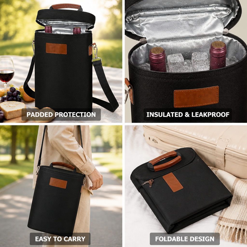 Insulated Leakproof 2-Bottle Wine Carrier (Padded Divider)