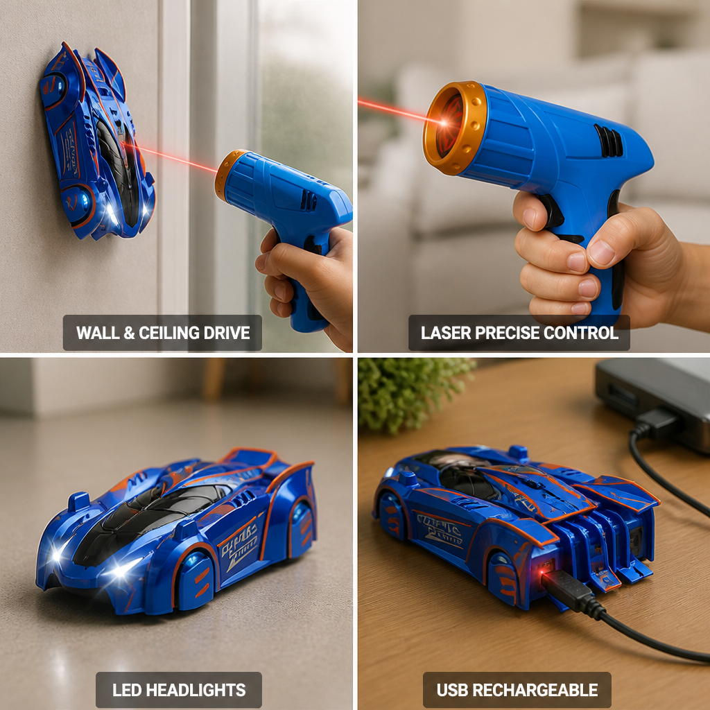 Laser-Controlled Wall-Climbing RC Car (USB-Rechargeable & LED Headlights)
