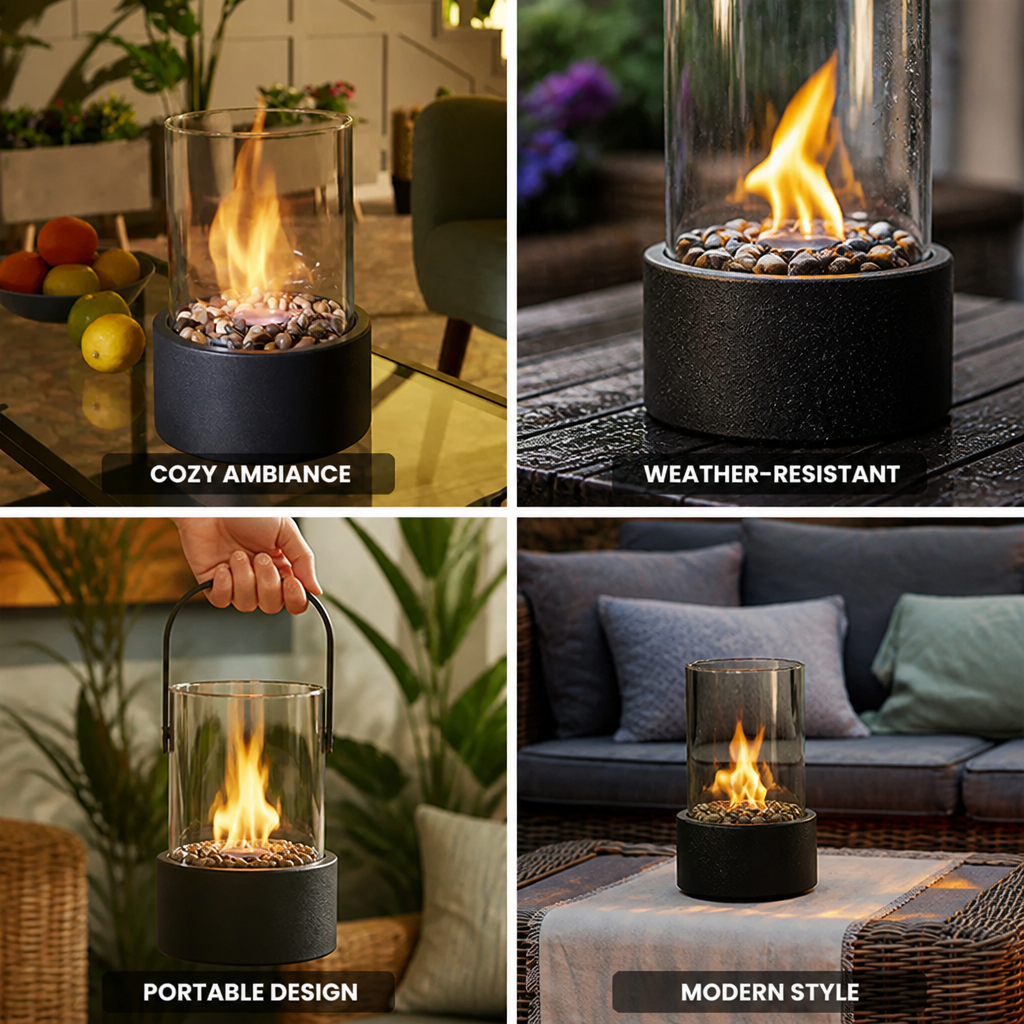 Soft Flickering Flame Portable Steel & Glass Table Lantern