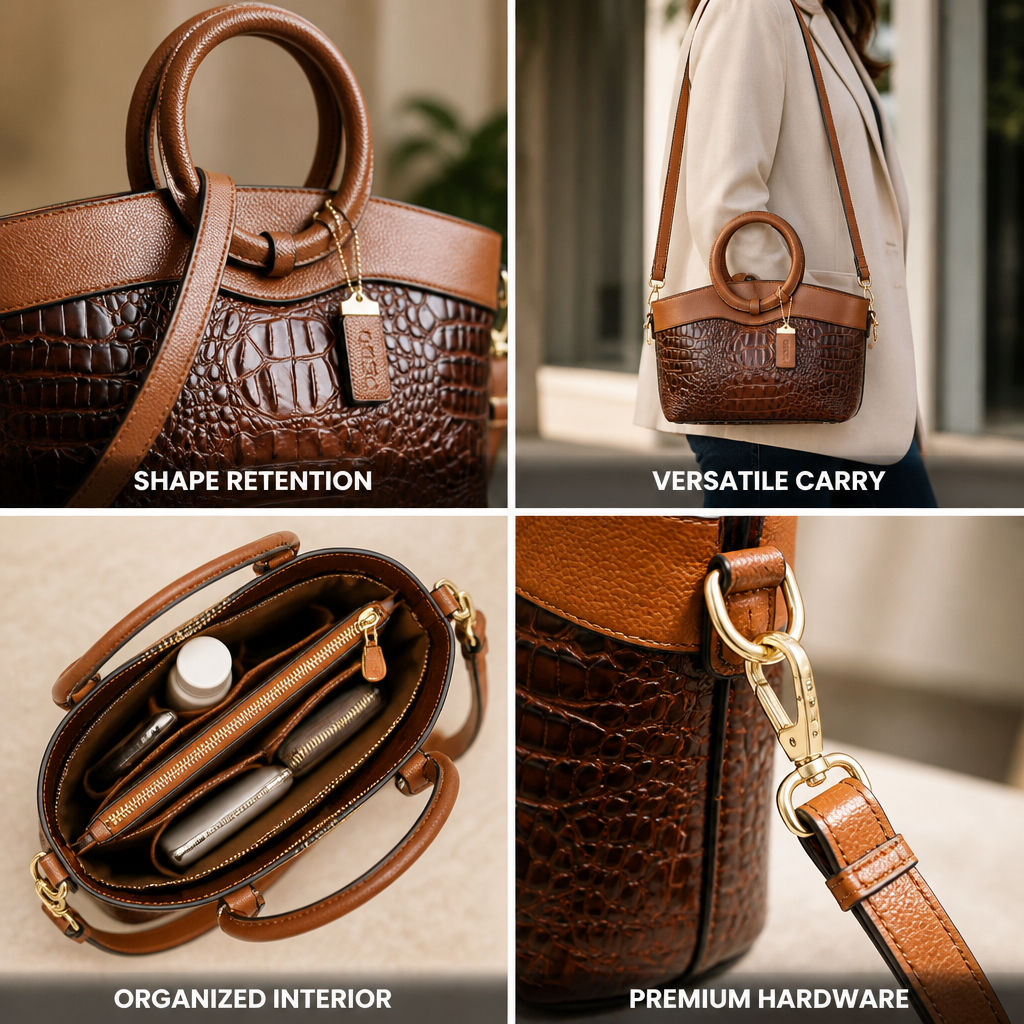 Crocodile-Embossed Structured Top-Handle Bag (Removable Strap)