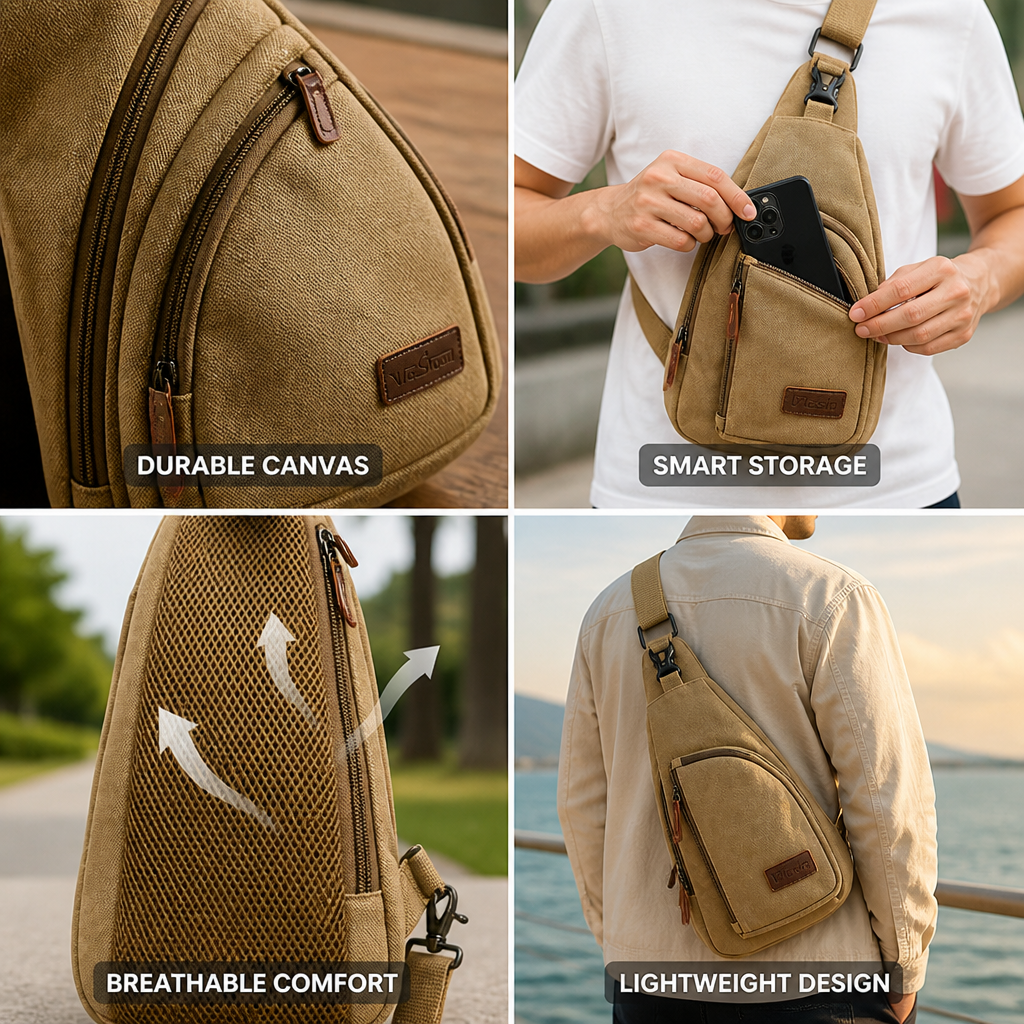 Lightweight Vintage Canvas & Leather Trim Sling Bag