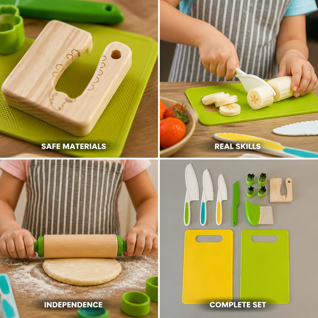 Montessori Natural Wood & Food-Grade Silicone Toddler Cooking Set