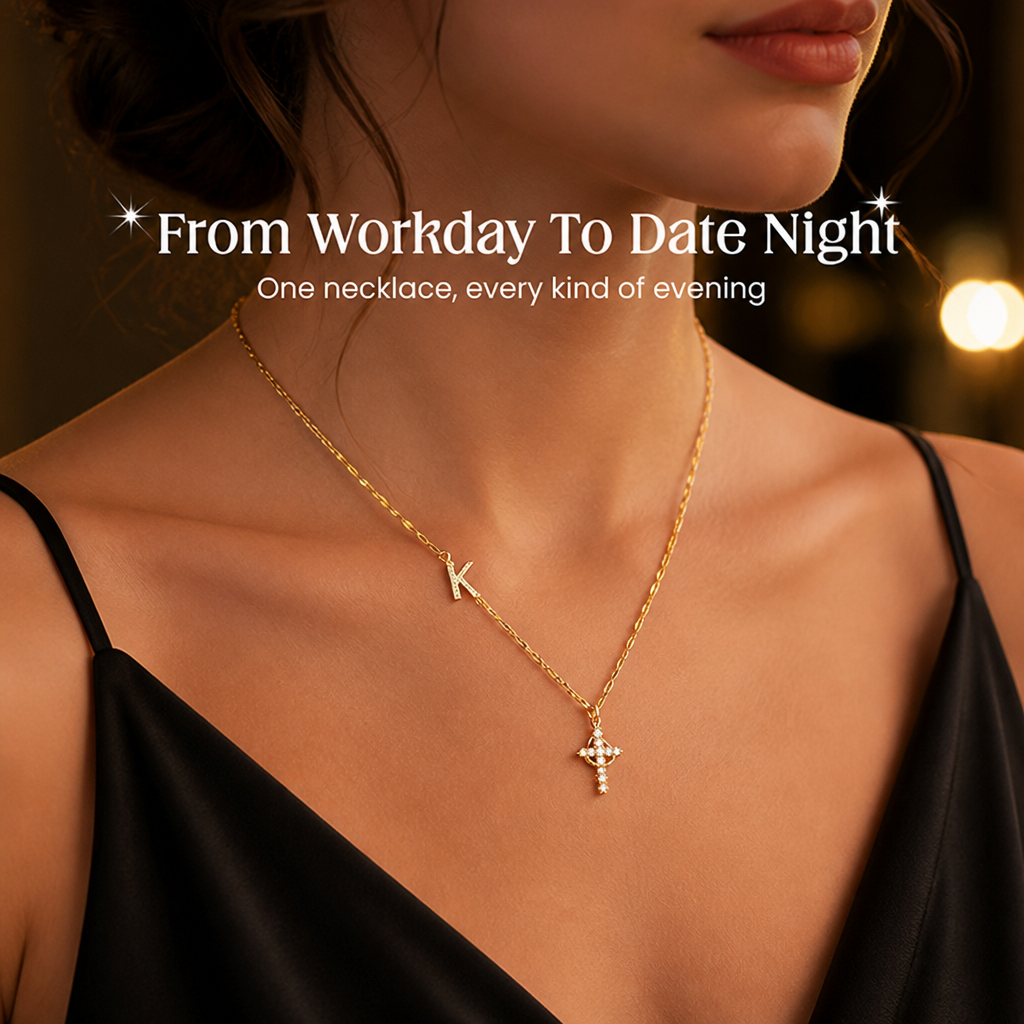 LumaSoul™ – Dainty Petal Chain Necklace with Initial & Cross Charms