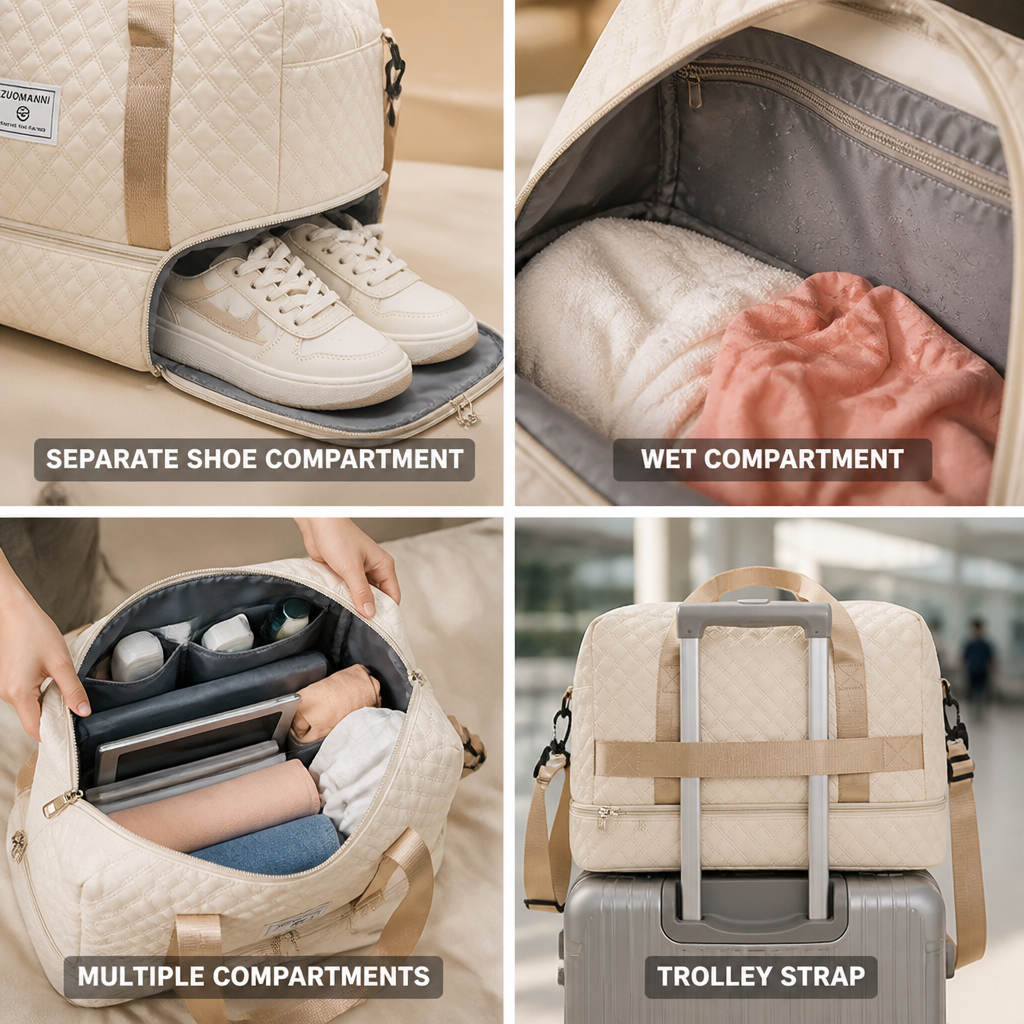 Water-Repellent Nylon Weekender Bag (Shoe & Wet Compartments)