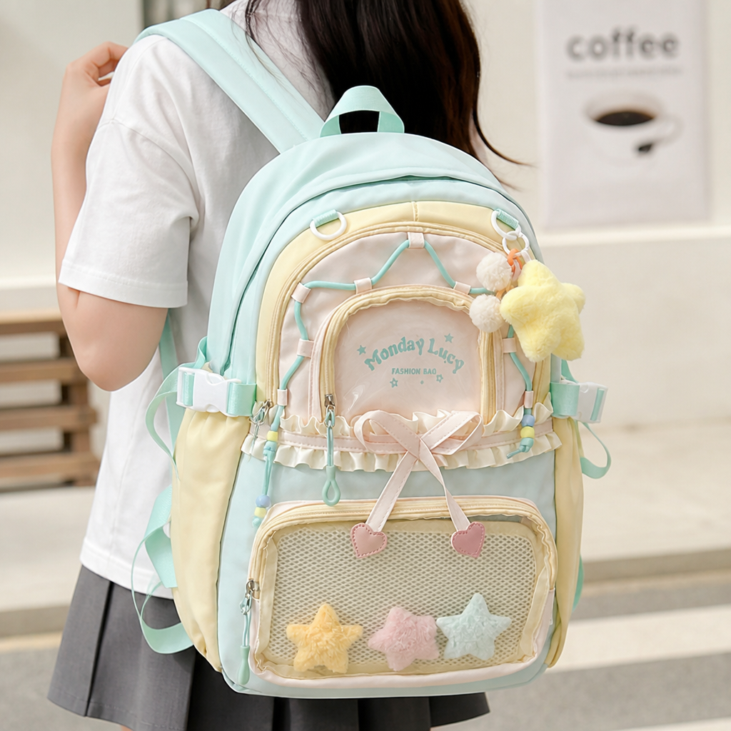 Large Capacity Colorblock Star Women's Backpack (Mint Green)