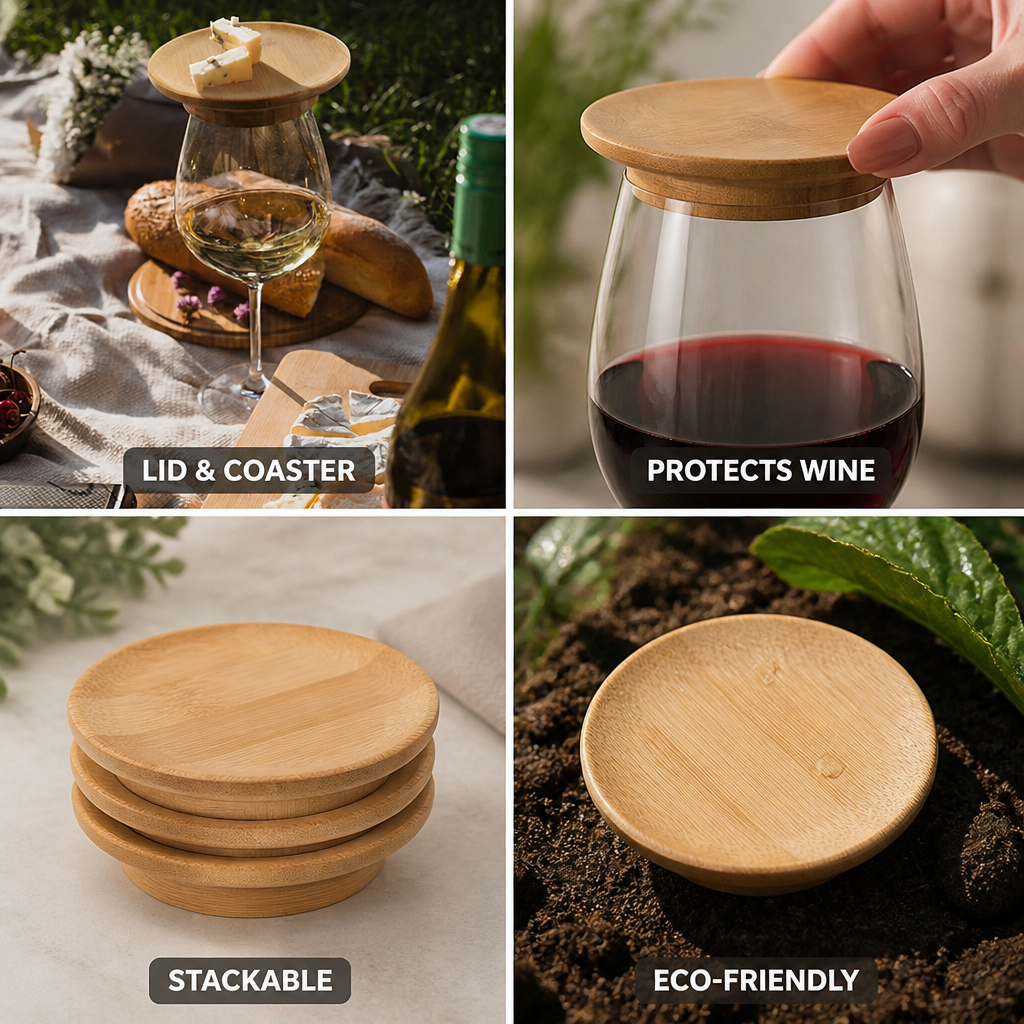 Bamboo Dual-Function Wine Glass Lid & Coaster (Set of 4)