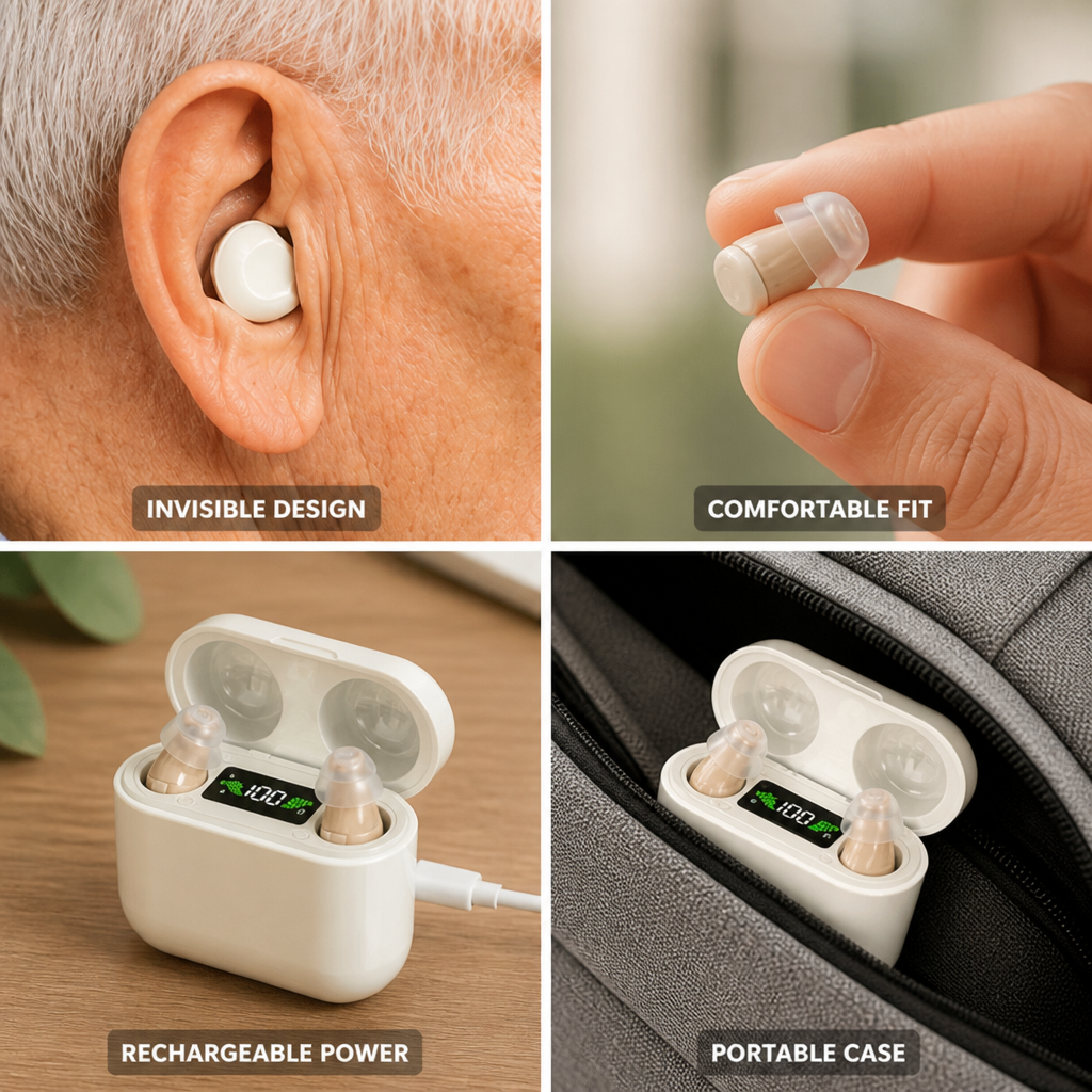 Invisible Rechargeable In-Ear Hearing Aid (With Charging Case)