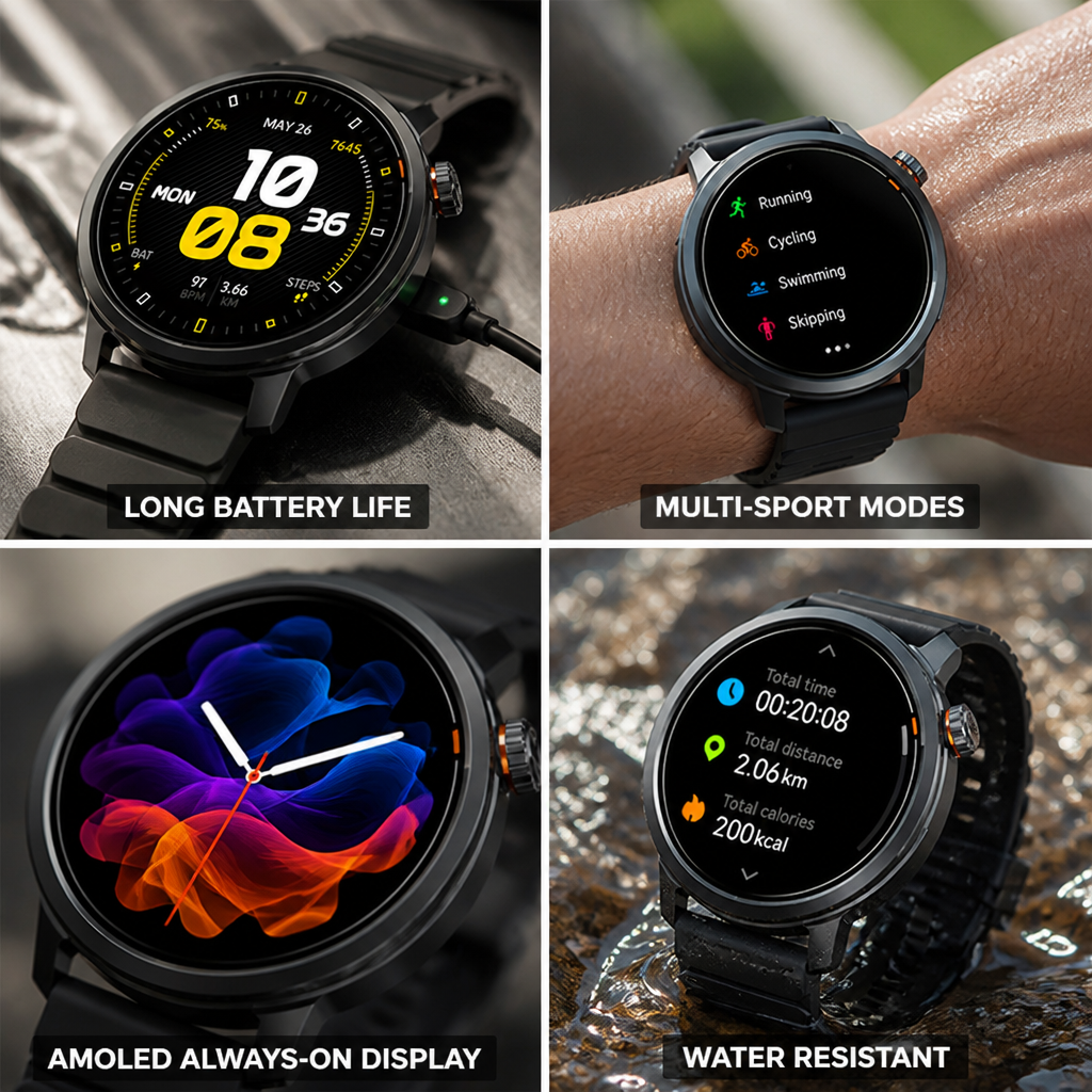 AMOLED Always-On & Long Battery Life Fitness Smartwatch