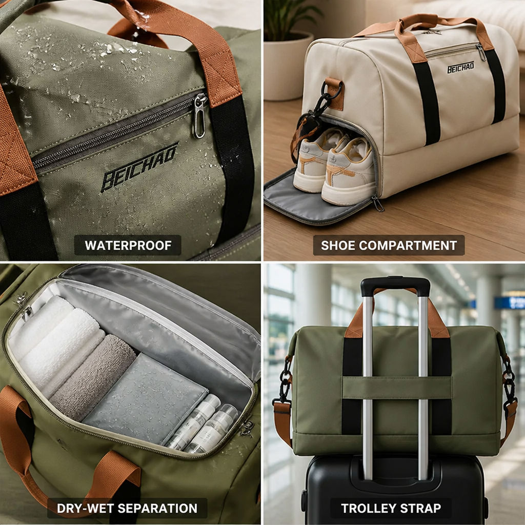 Waterproof Nylon Duffel Bag (Shoe Compartment & Dry-Wet Separation)