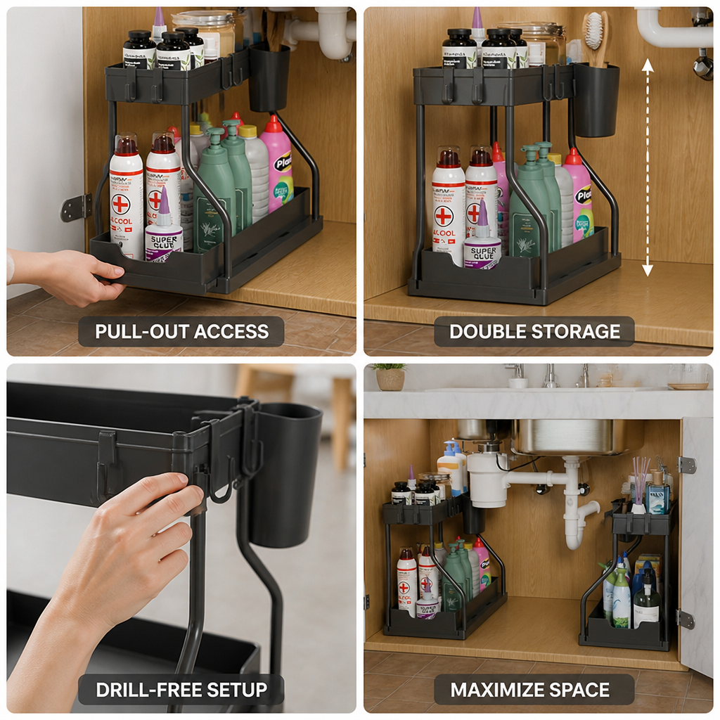 2-Tier Pull-Out Drawer Under-Sink Organizer (Drill-Free)