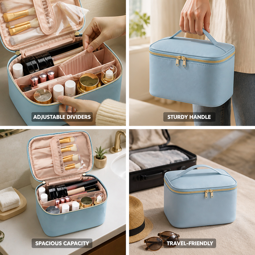 Adjustable Dividers & Sturdy Handle Travel Makeup Organizer