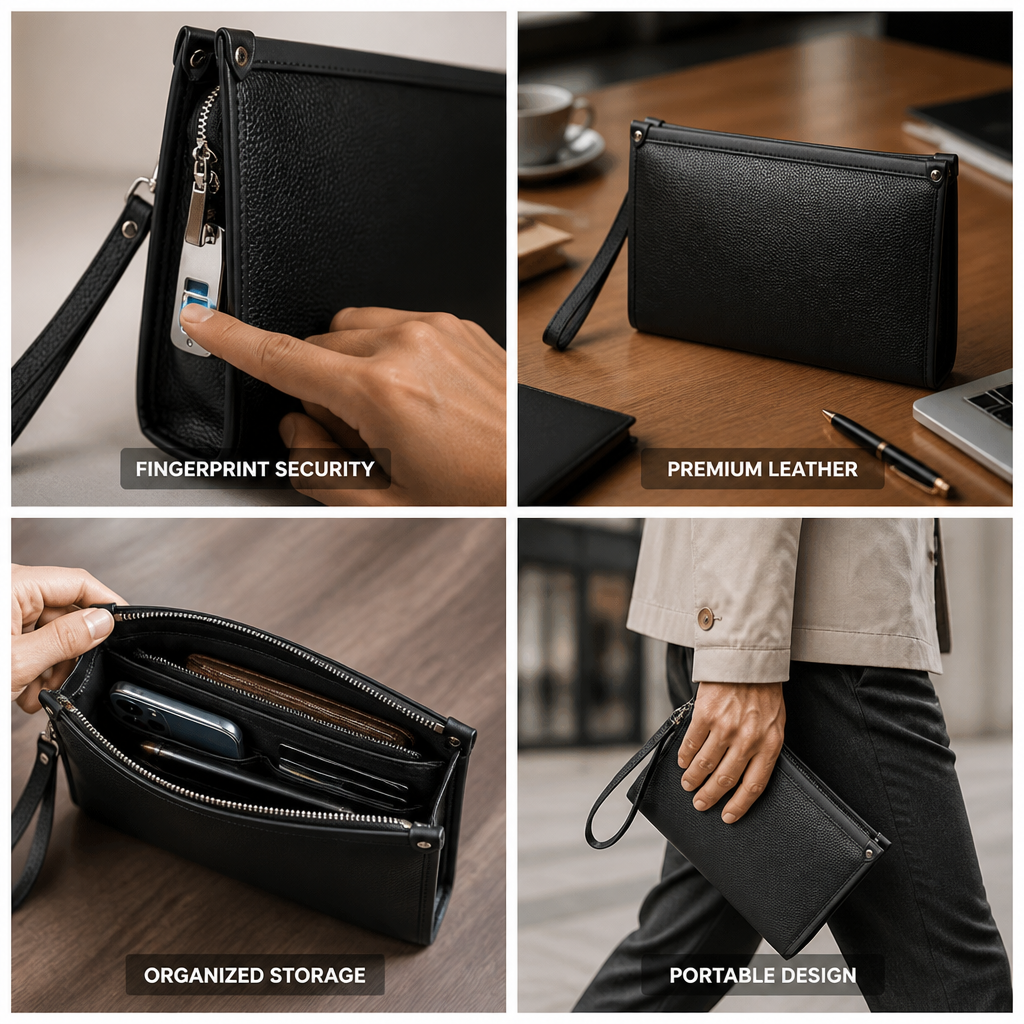 Genuine Top Cowhide Leather Fingerprint Lock Business Clutch (Zipper Closure)