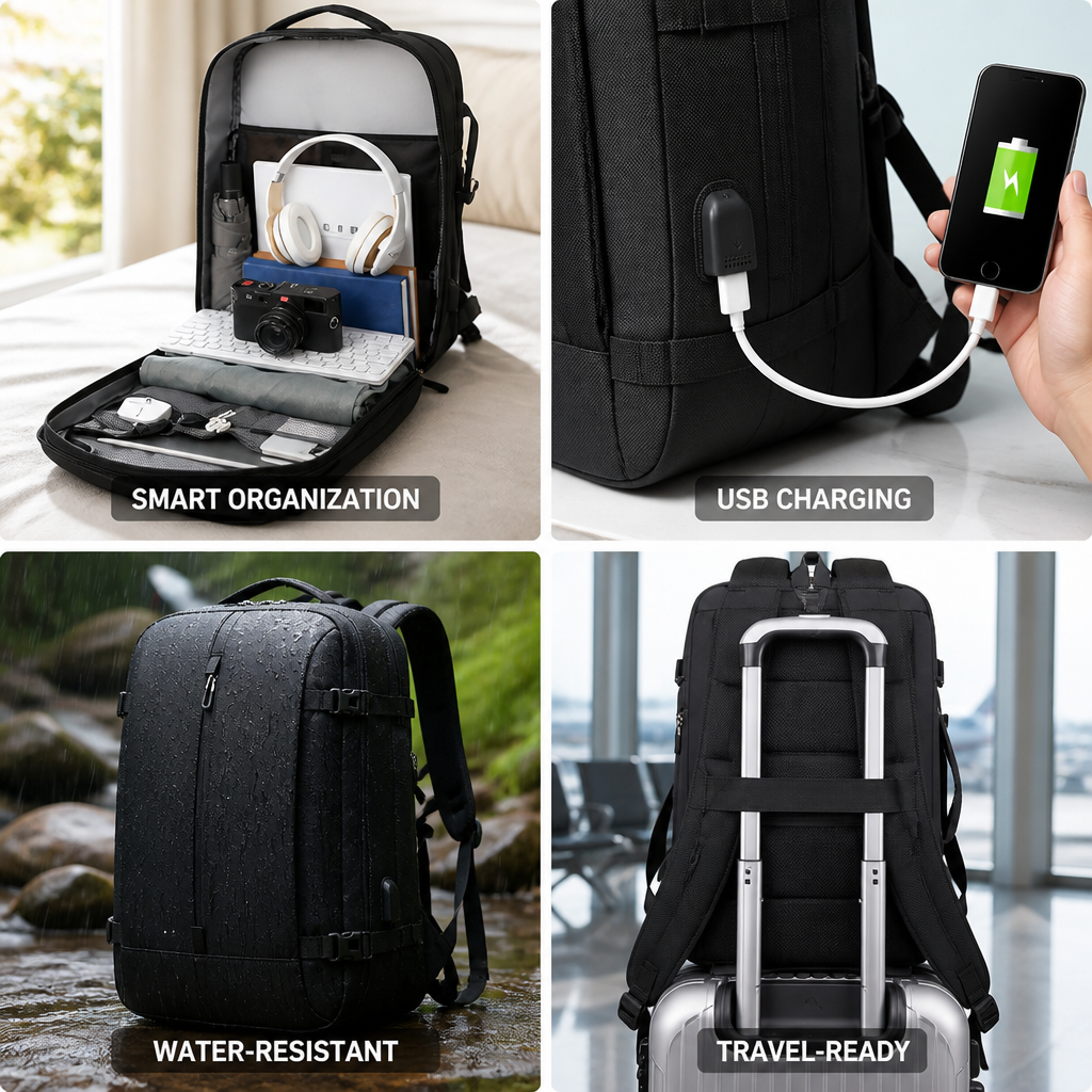 Expandable Water-Resistant USB Charging Travel Backpack (40L)