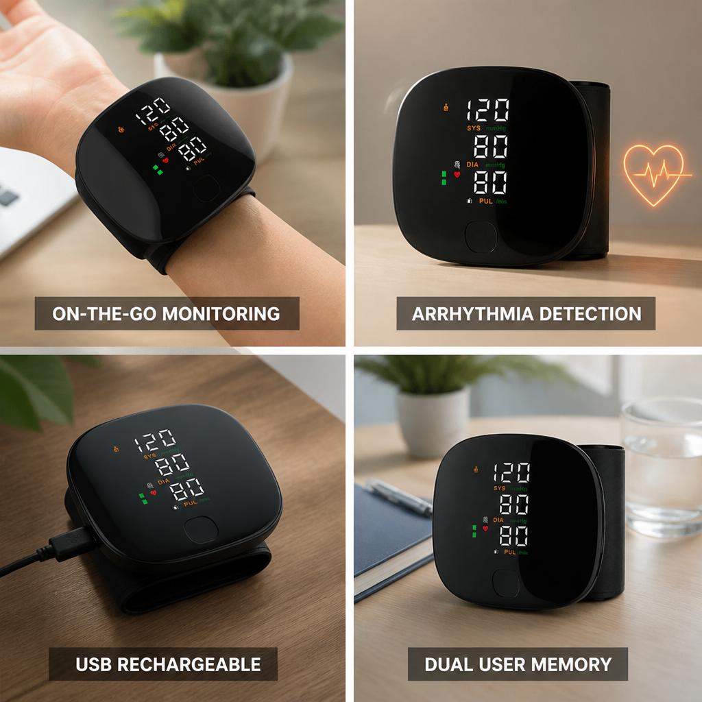 Arrhythmia-Detecting USB-Rechargeable Wrist Blood Pressure Monitor