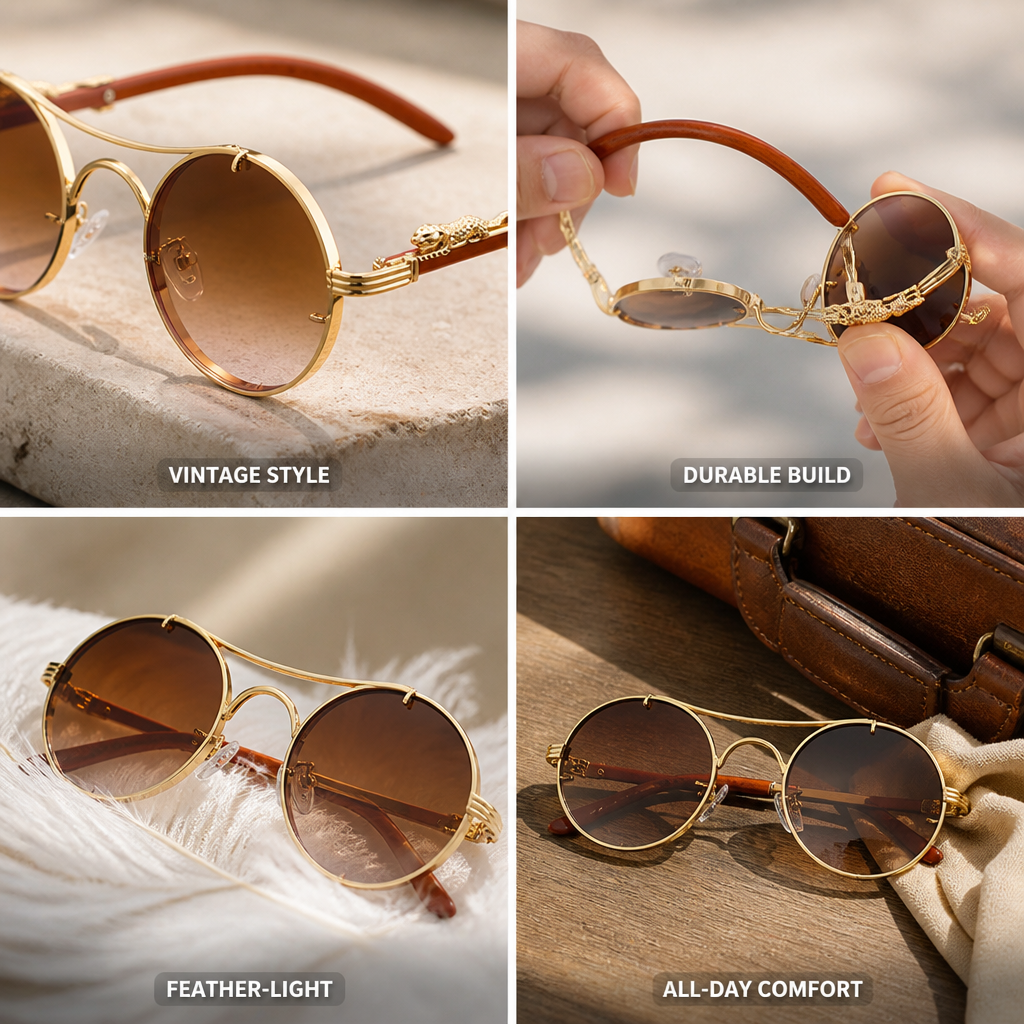 Feather-Light Metal Round Sunglasses (Animal Accent)