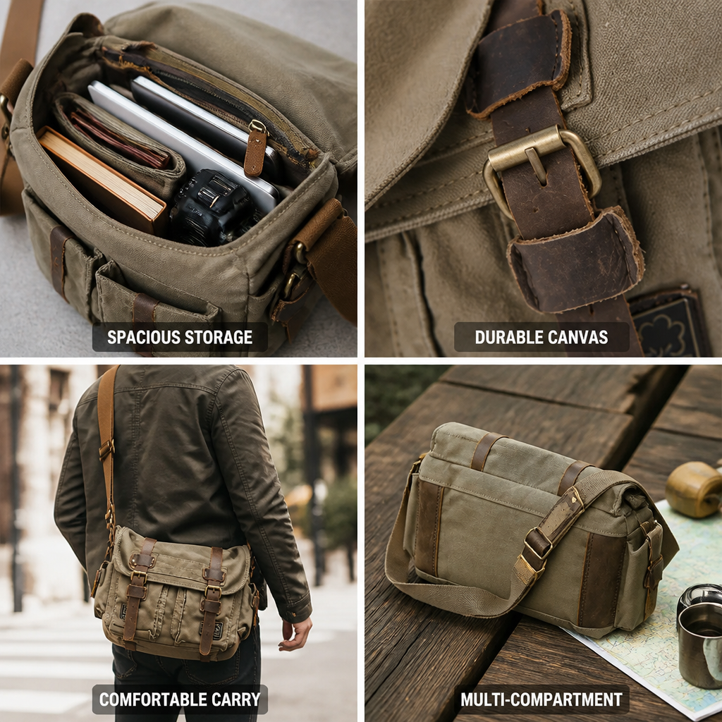 Durable Canvas Multi-Compartment Crossbody Bag